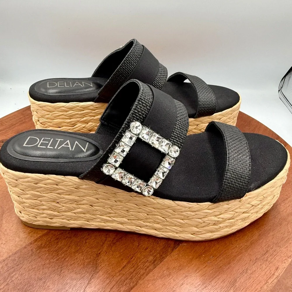 Deltan Collins Raffia Embellished Buckle Platform Slide Sandals Womens 8.5‎